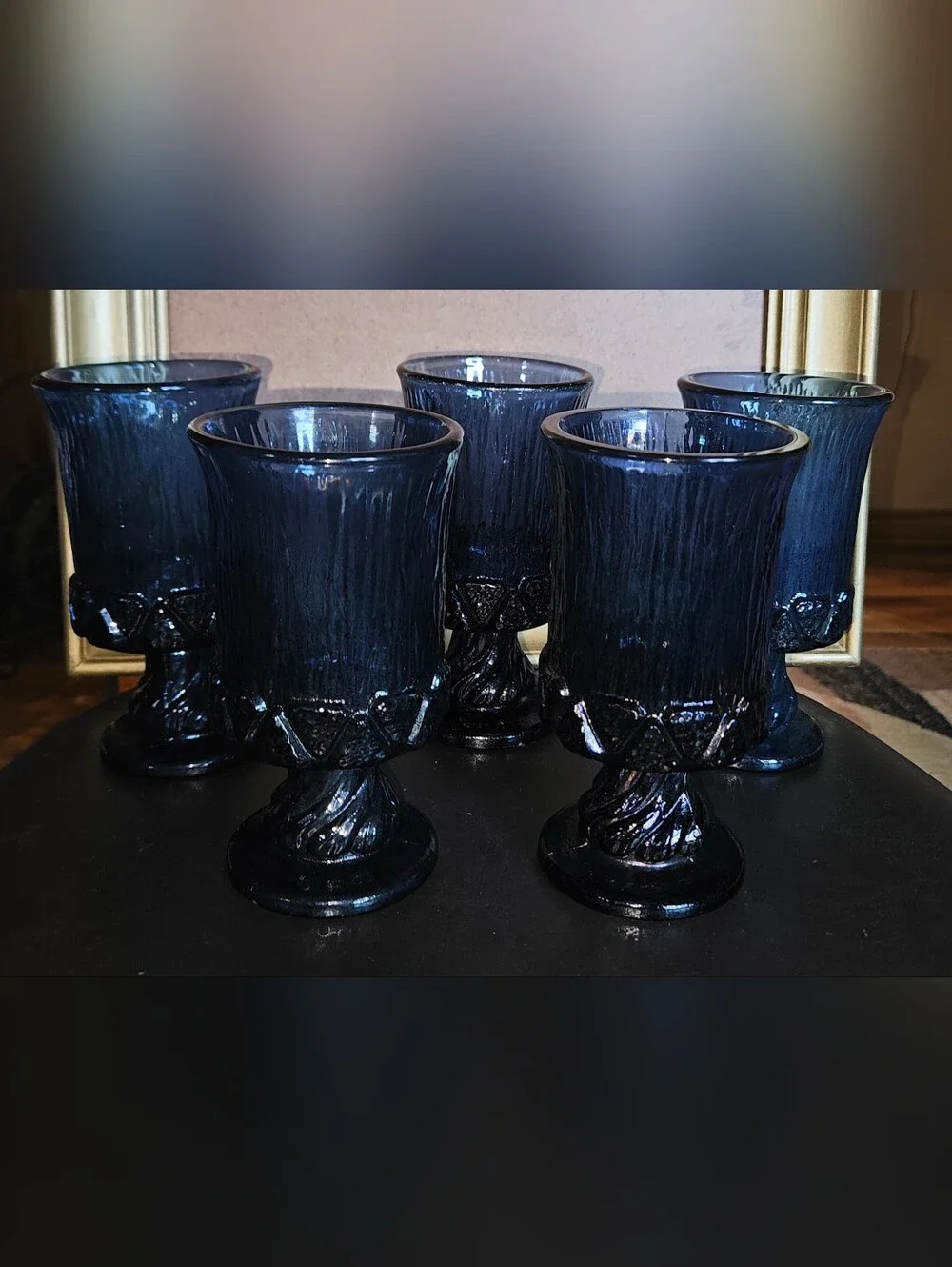 5 Vtg Fostoria Sorrento Blue Heavy Glass Goblets w Bark Texture & Twisted Stems